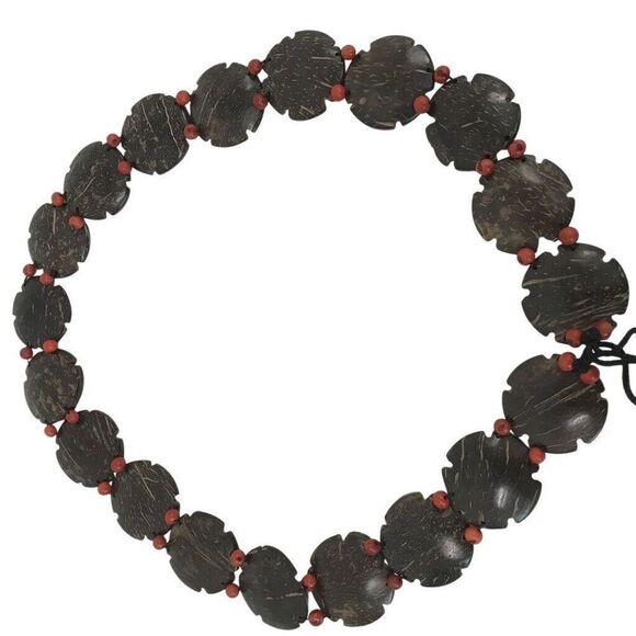 VTG EXOTIC DARK WOOD ORANGE BEEDS CONCHO BELT CONNECTING ROPE CORD DESIGN - Picture 2 of 3